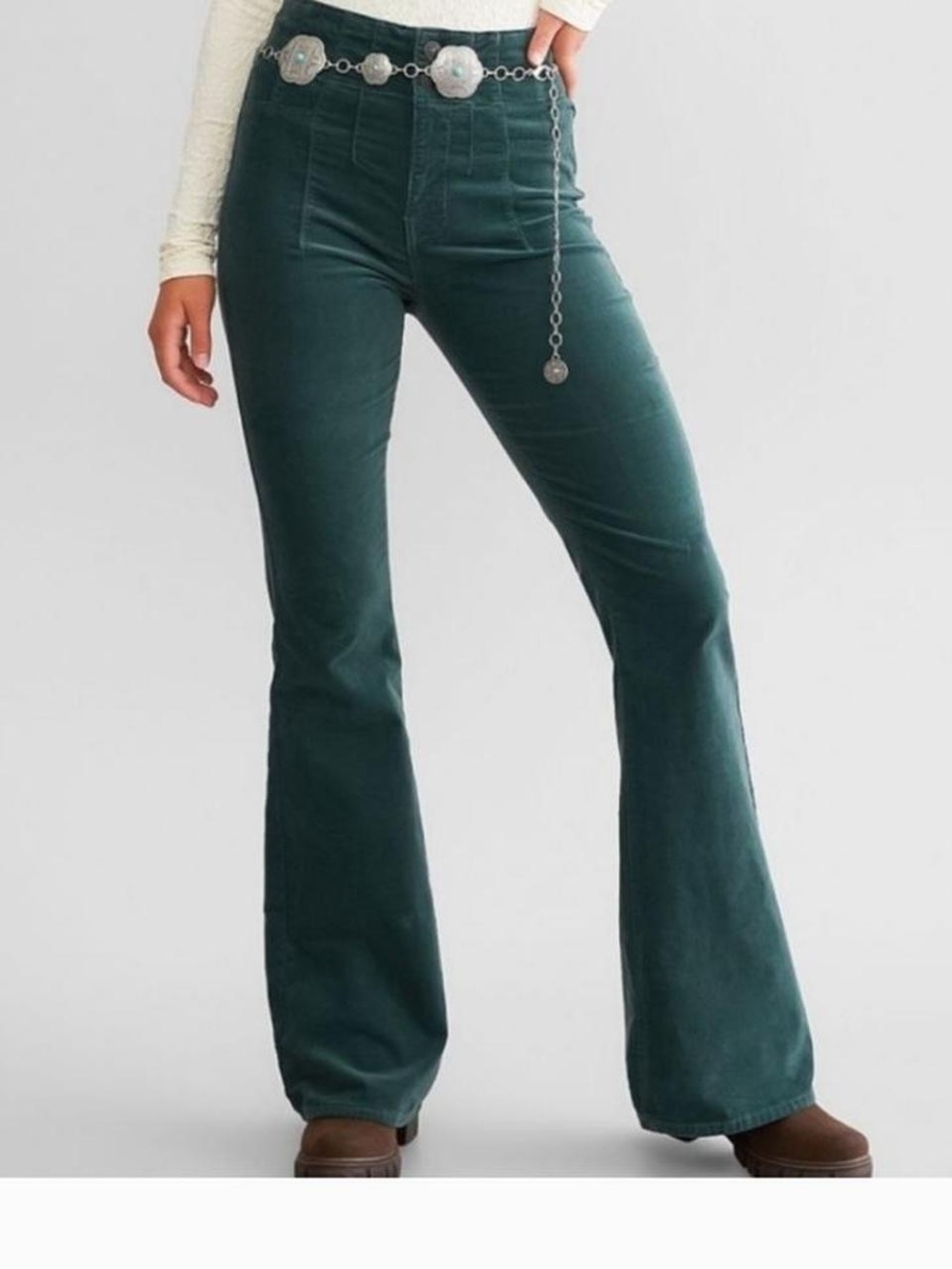NWT We The Free/ Free People Jayde High Rise Flared Corduroy Pants in Green - 27